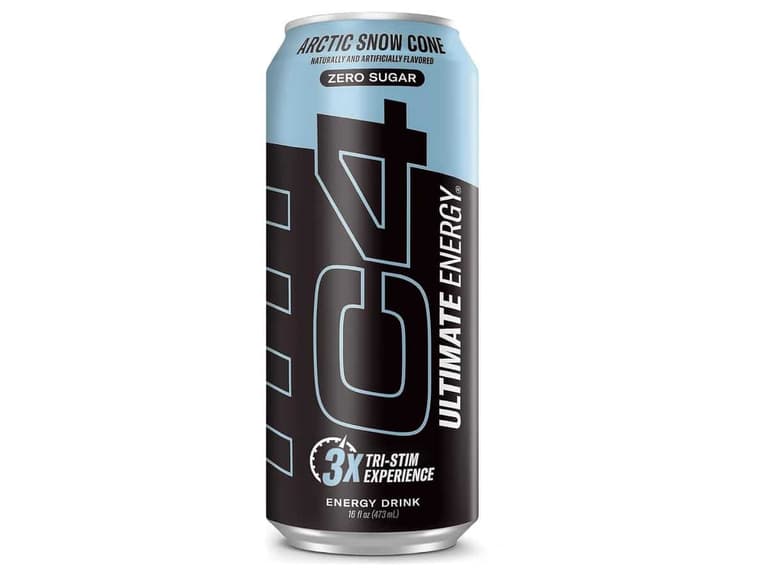 C4 Ultimate Energy Arctic Snow Cone 16 fl oz can, front label showing zero sugar and the 3X Tri-Stim Experience.