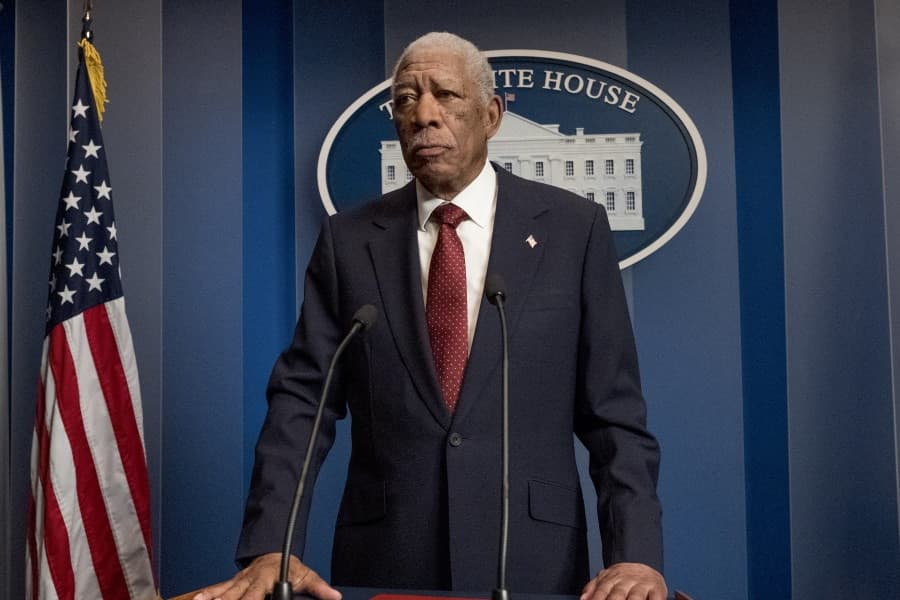 Morgan Freeman speaking to press in Angel Has Fallen