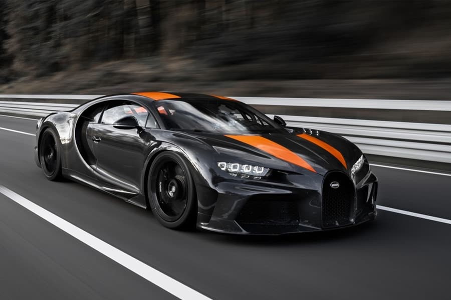 Bugatti Chiron three quarter front in motion