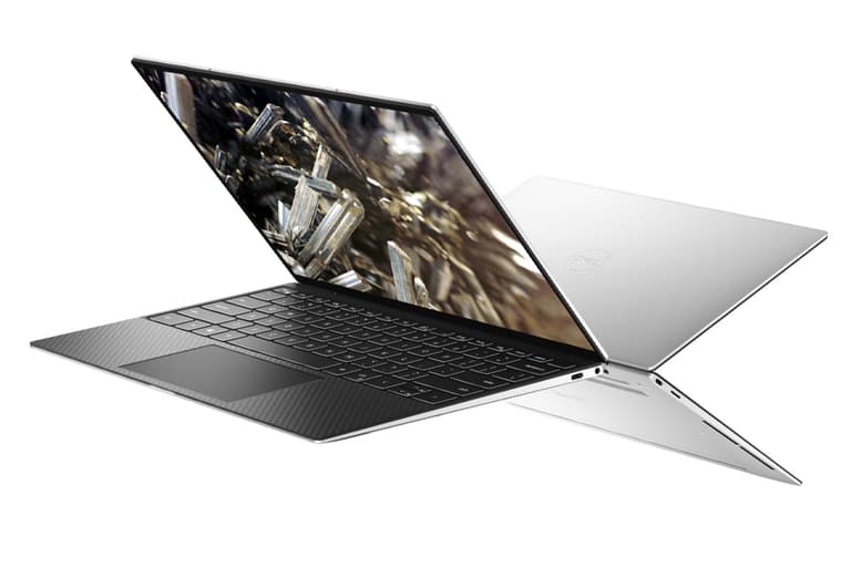 Three quarters view of two Dell XPS 13 laptops creating an X