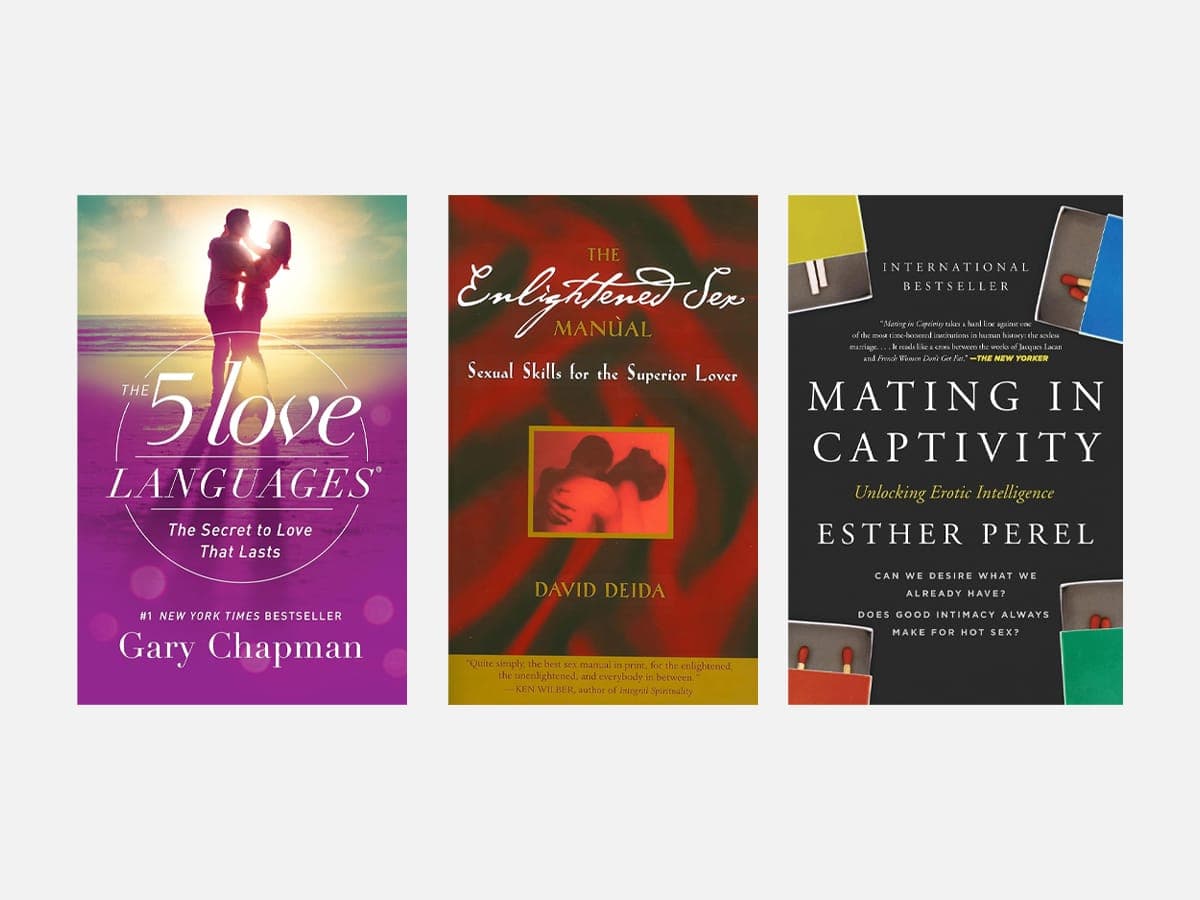 Three book covers on a grey background