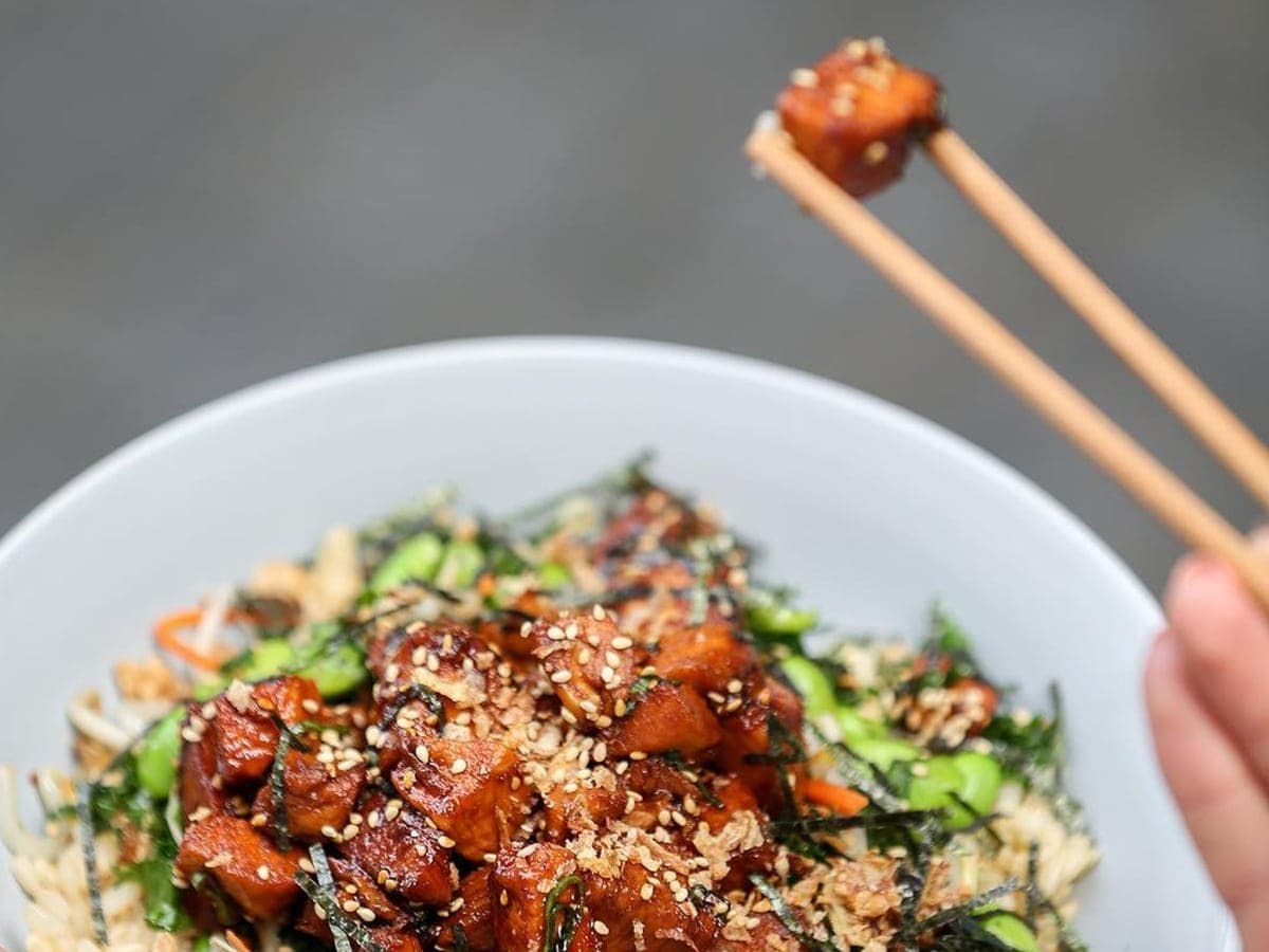 Overhead shot of poke bowl and chopsticks