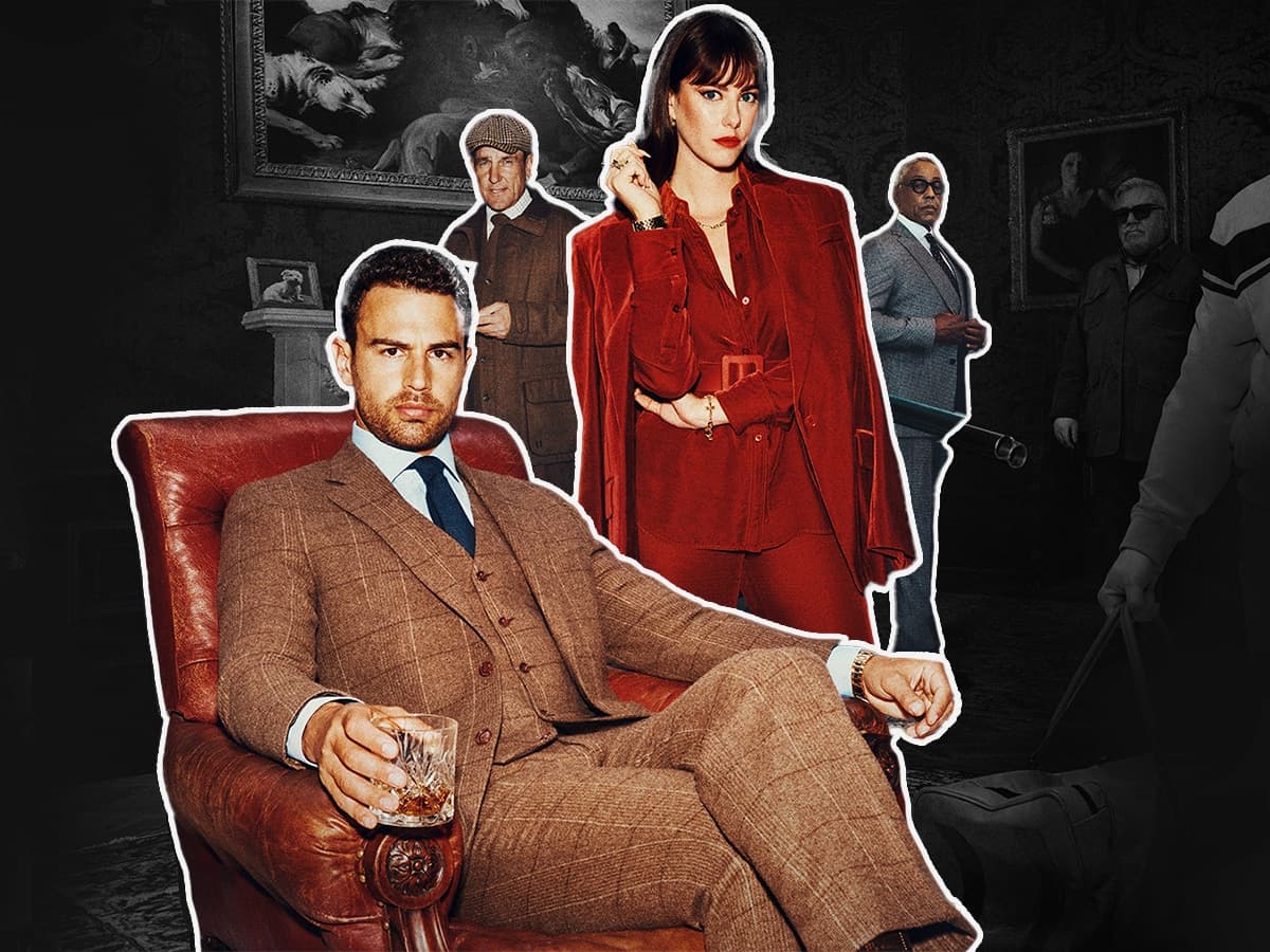 Cast members of Netflix's 'The Gentlemen' in stylish outfits, with a man seated in a leather chair holding a drink.