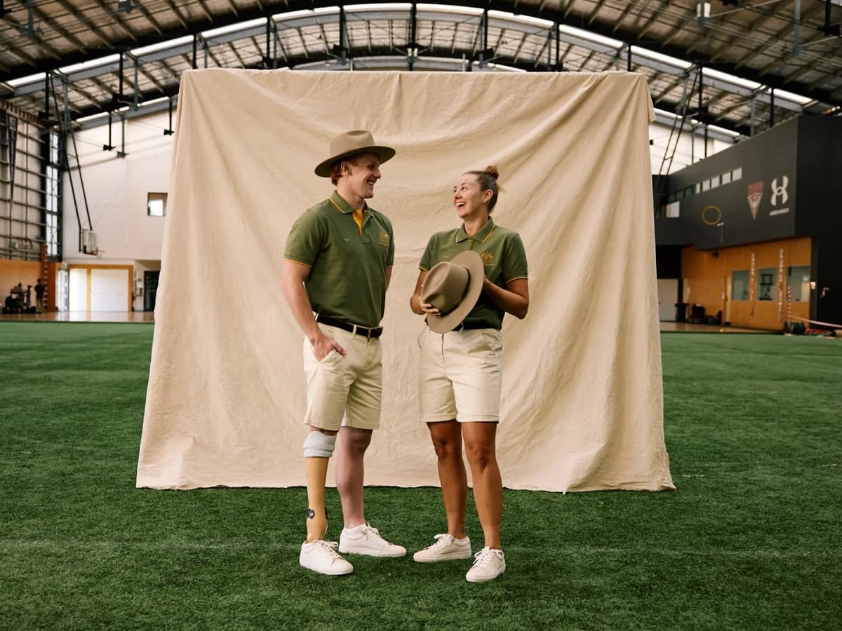 Australian Paralympians Col Pearse (Para-Swimming) and Al Viney (Para-Rowing) in the R.M. Williams ceremonial uniforms | Image: R.M. Williams