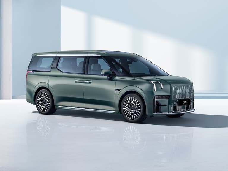 Zeekr 009 in metallic green, side view in a bright showroom setting.