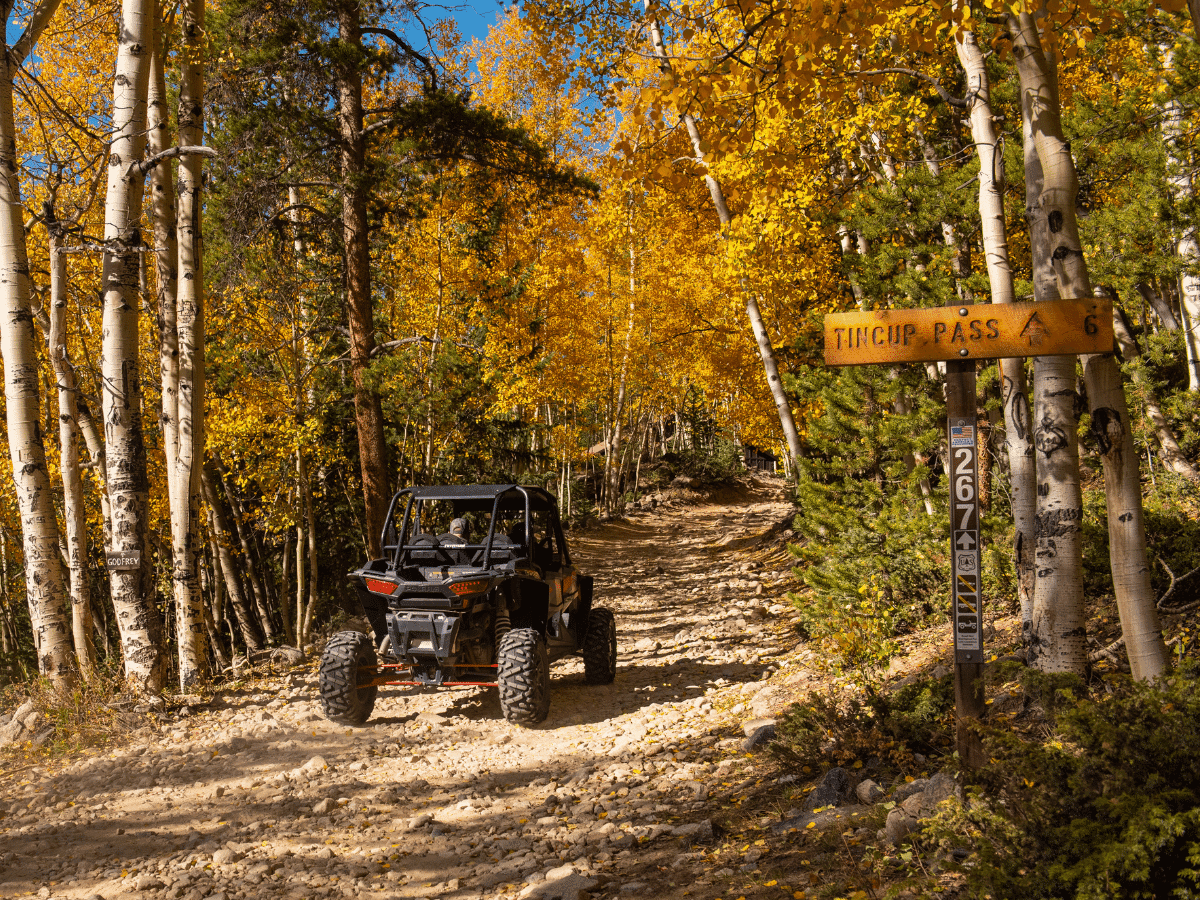 An off-road vehicle drives along a rugged dirt trail surrounded by vibrant autumn foliage near Tincup Pass, Colorado.