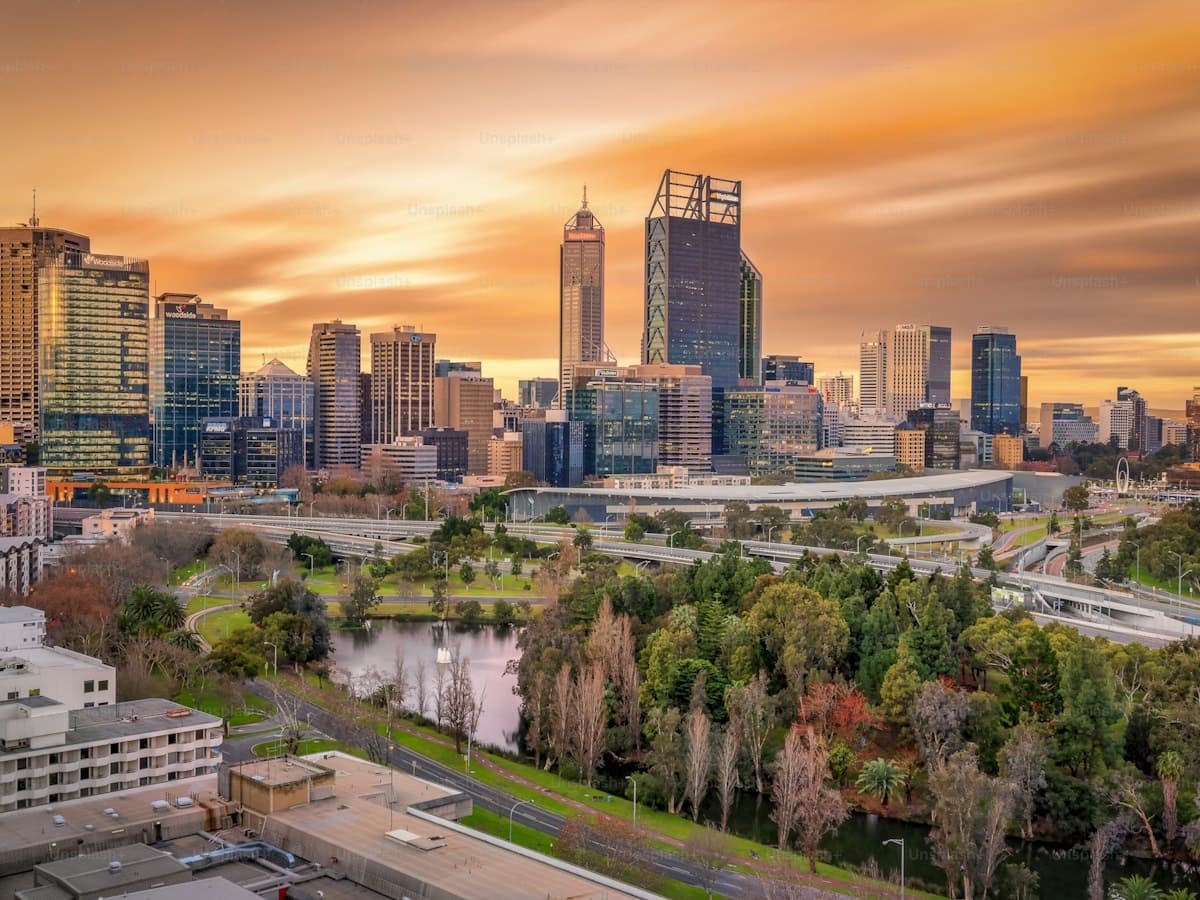 Adelaide city skyline at sunset