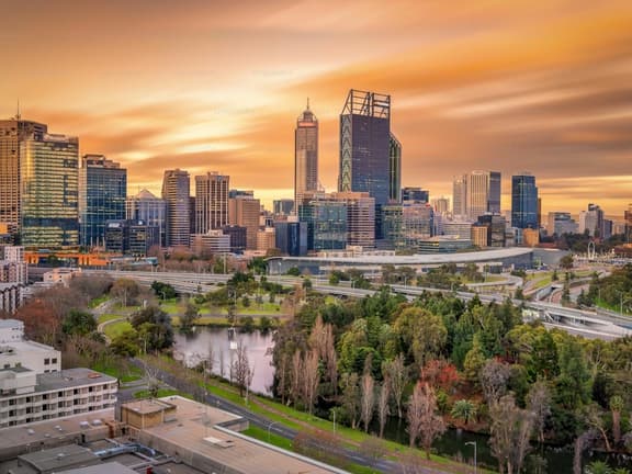 Adelaide city skyline at sunset