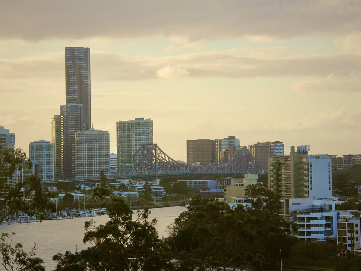 Story Bridge and the Brisbane skyline at sunset over the Brisbane River