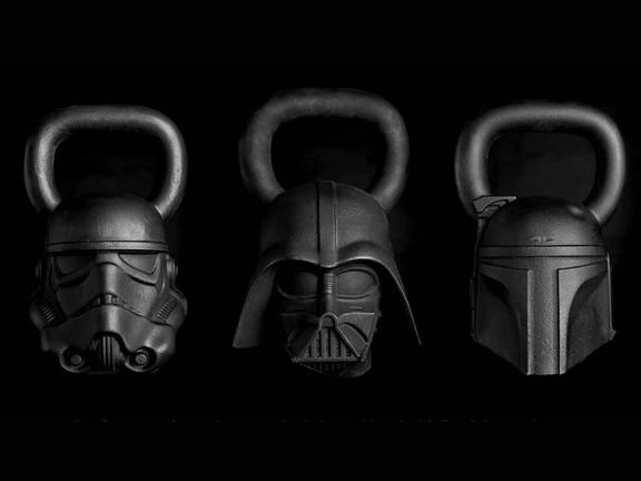 Three different Onnit Star Wars Kettlebells with black background