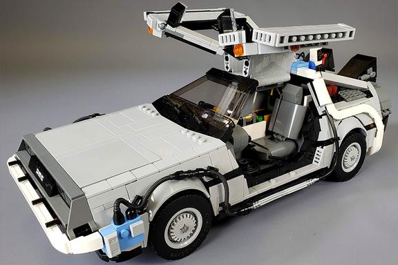 lego delorean carrying crane at the back