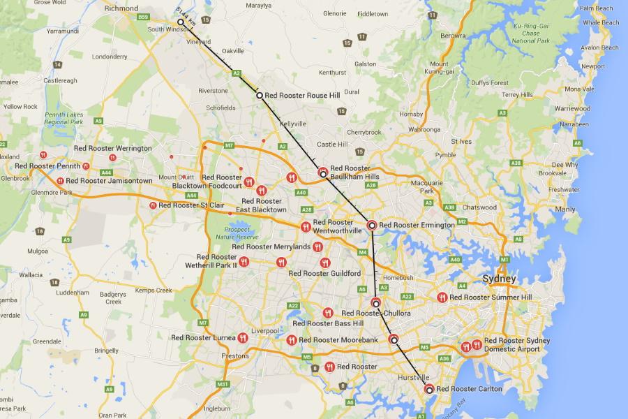 Sydney map with Red Rooster locations and the Red Rooster Line