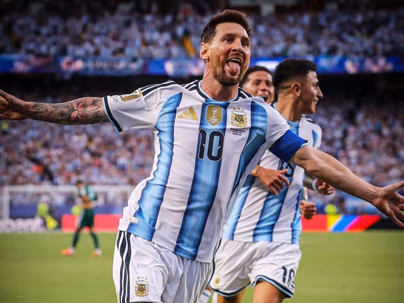 Argentina captain Lionel Messi celebrates a goal at the 2026 World Cup.