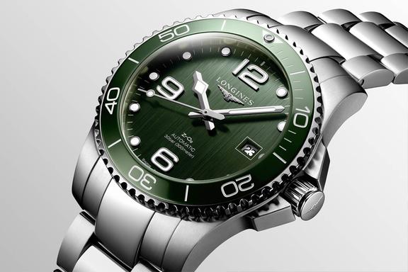 Closeup of Longines HydroConquest watch green dial and bezel