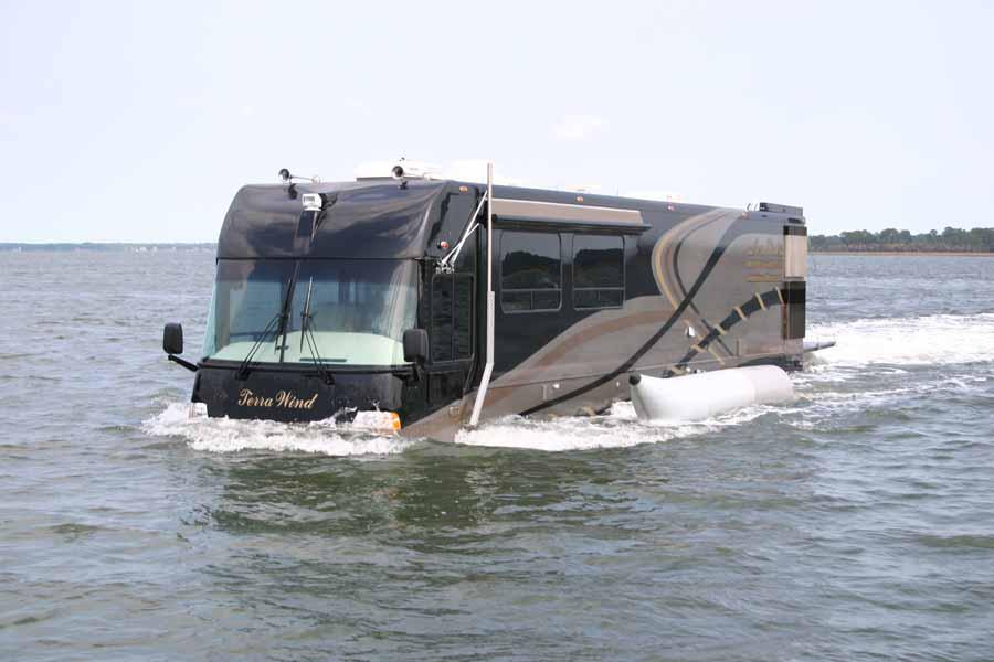 amphibious rv driving into the water