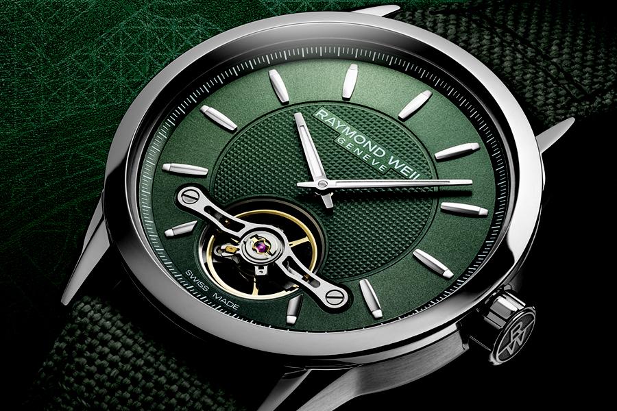 Closeup of the dial of Green Raymond Weil Freelancer Calibre RW1212 watch