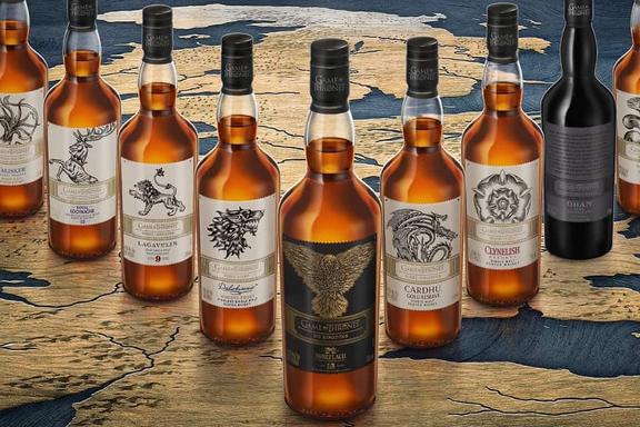 Bottle of Mortlach Single Malt Scotch Whisky with other eight Game of Thrones whiskey bottles