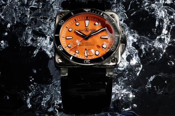 Bell & Ross BR 03-92 Diver Orange watch being splashed with water