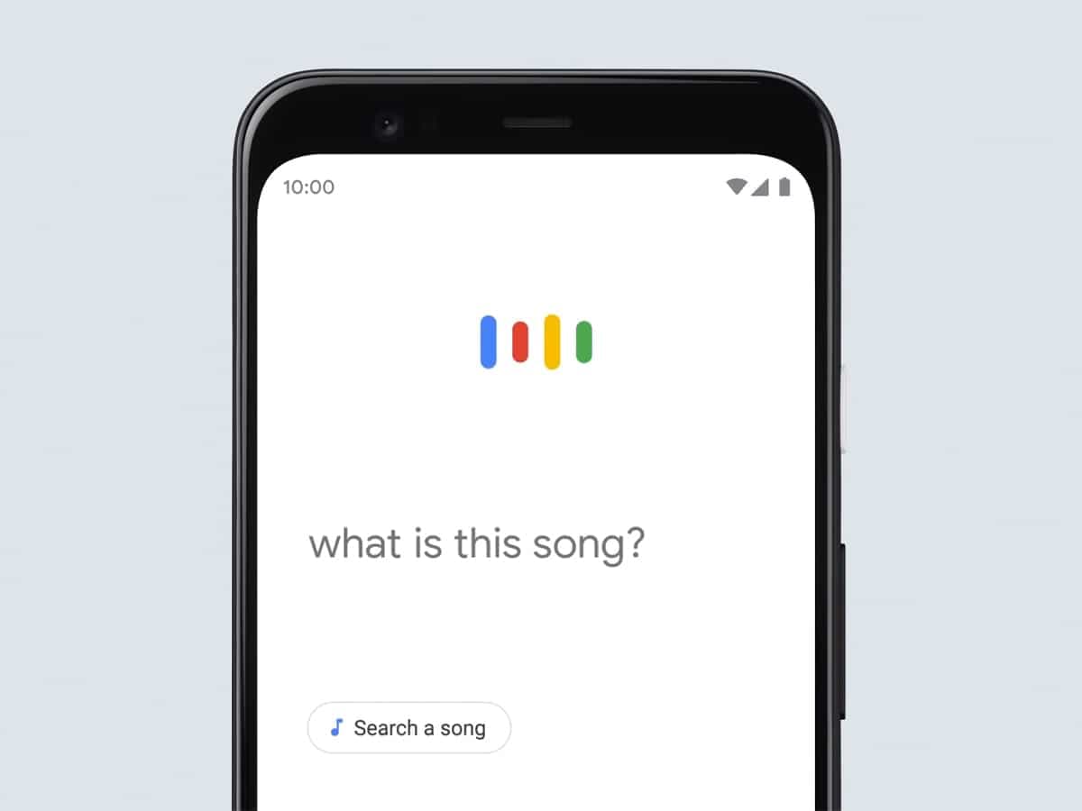 Phone screen showing Google app with text ‘what is this song?’