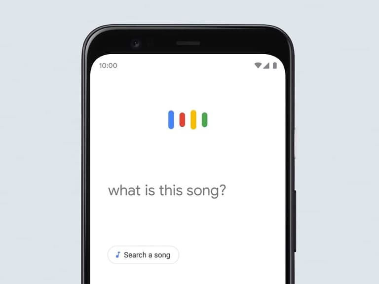 Phone screen showing Google app with text ‘what is this song?’