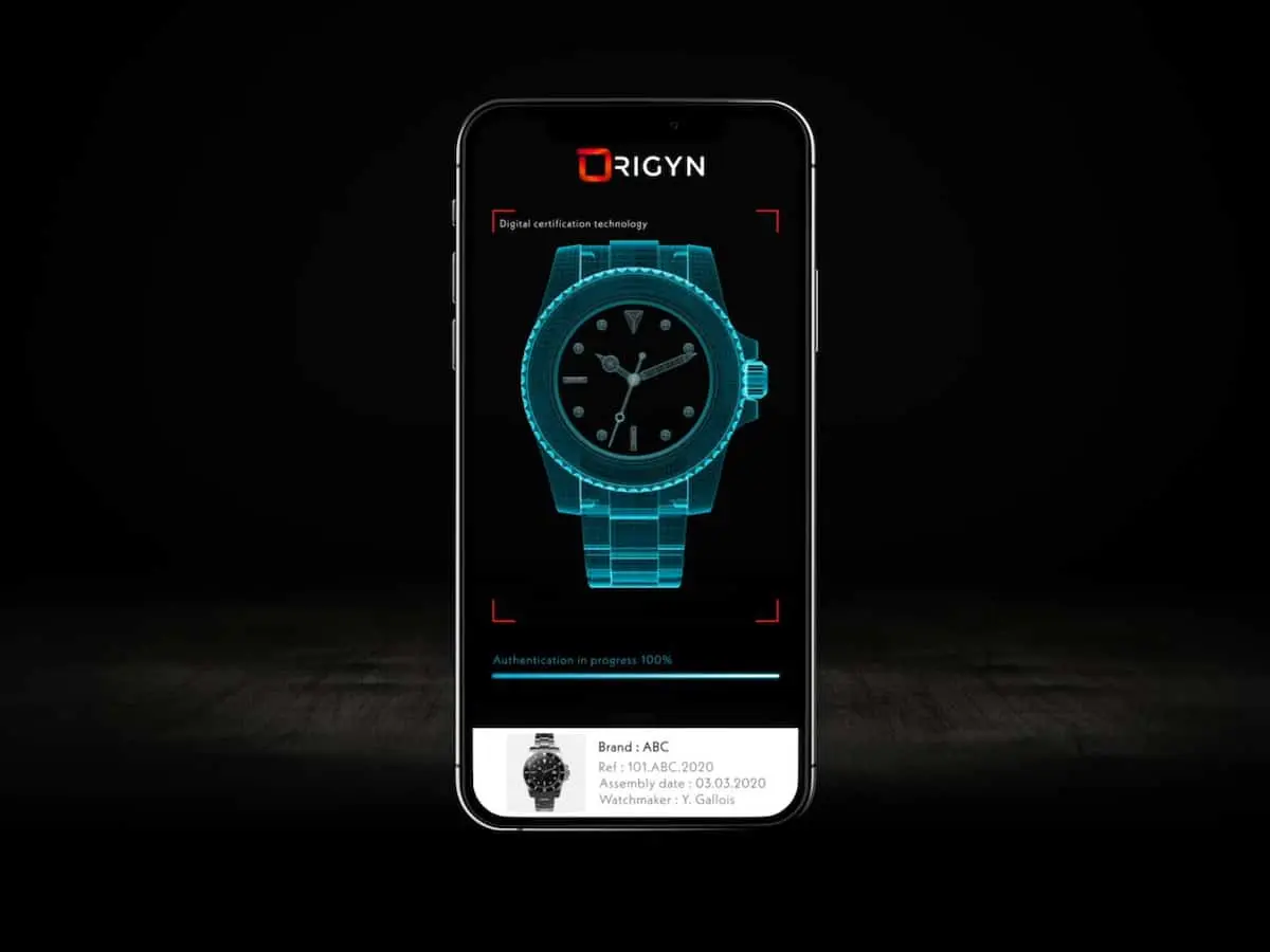 Smartphone showing ORIGYN app with dark background