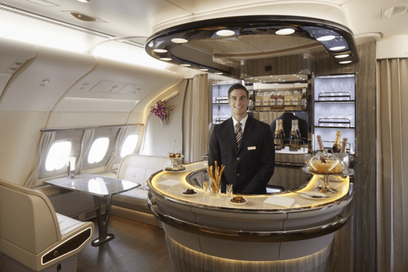 Barkeep at the bar of the new Emirates A380