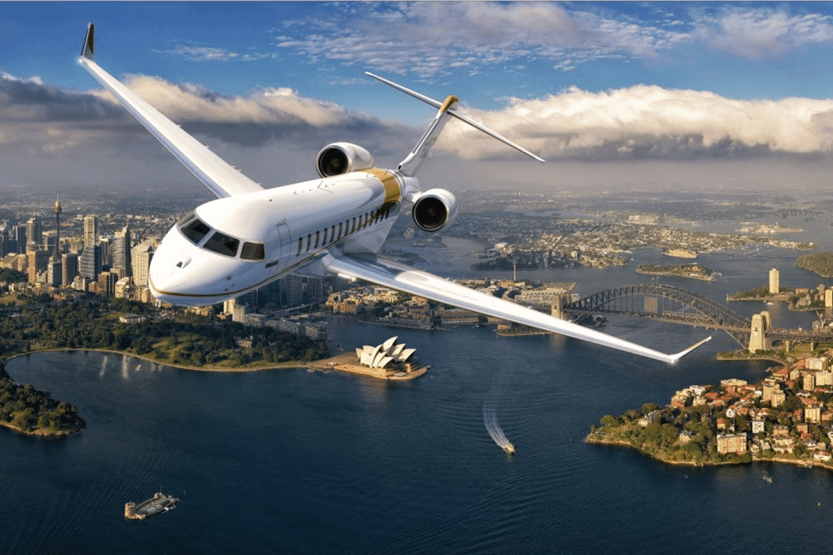 Twiggys private jet flying over sydney