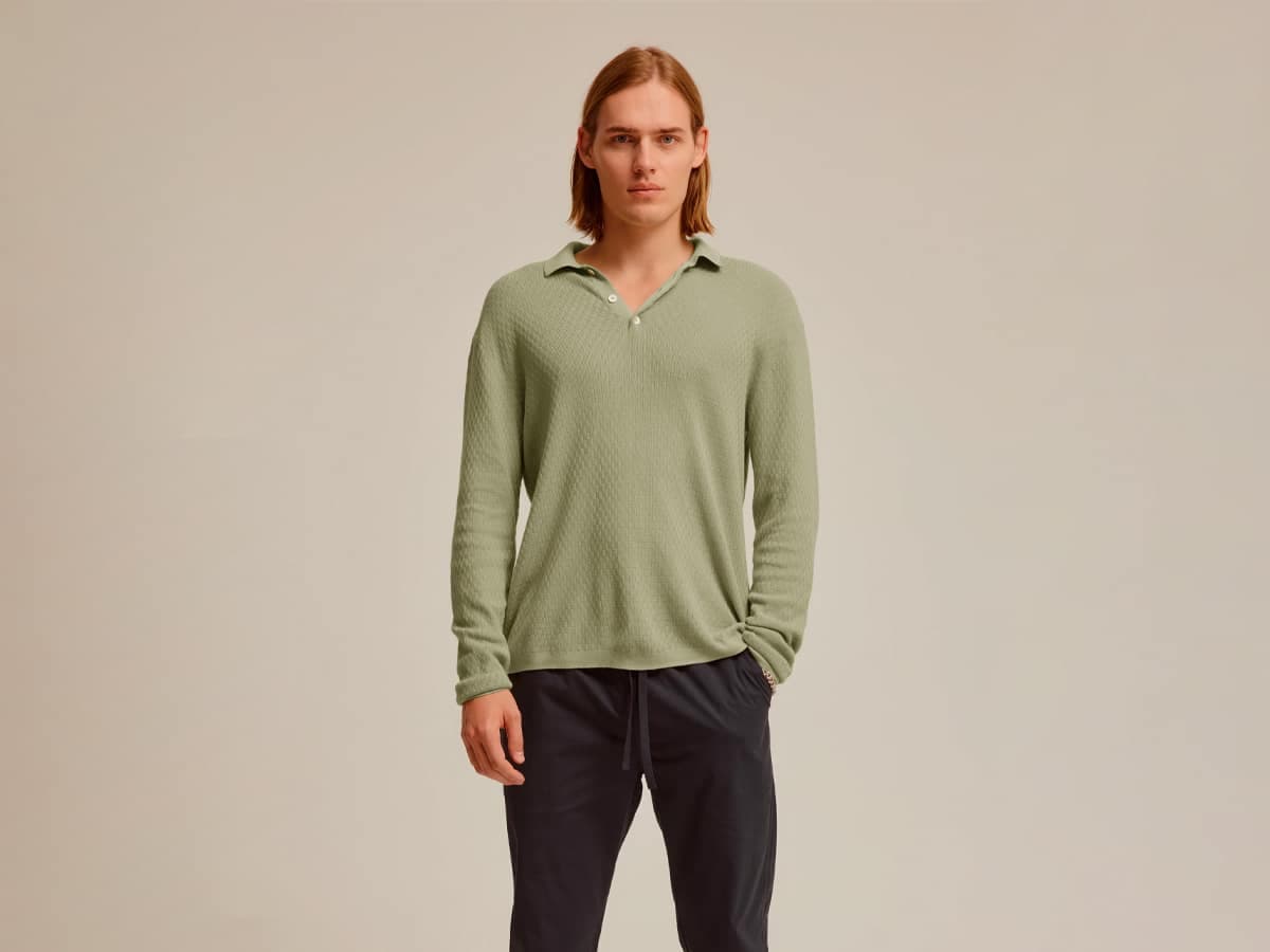 Venroy long sleeve basket weave cotton polo