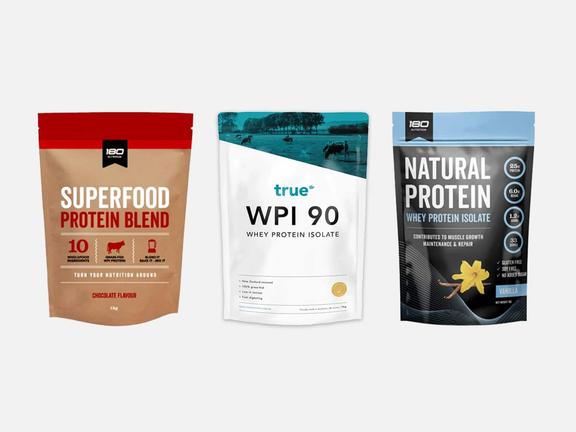 Three Australian Protein packs with grey background