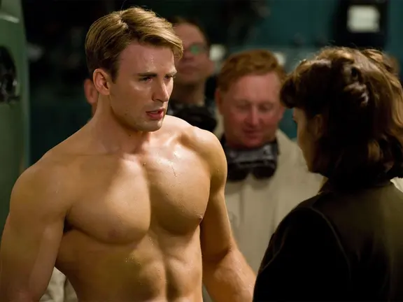 Peggy Carter looking at Steve Rogers’ bare chest