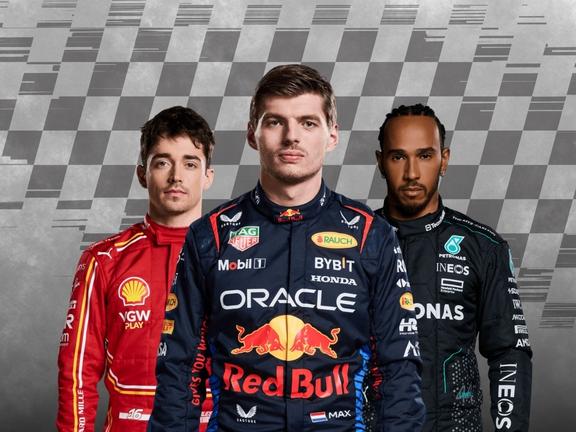 2024 F1 driver line-up feature image with Max, Charles, and Lewis Hamilton