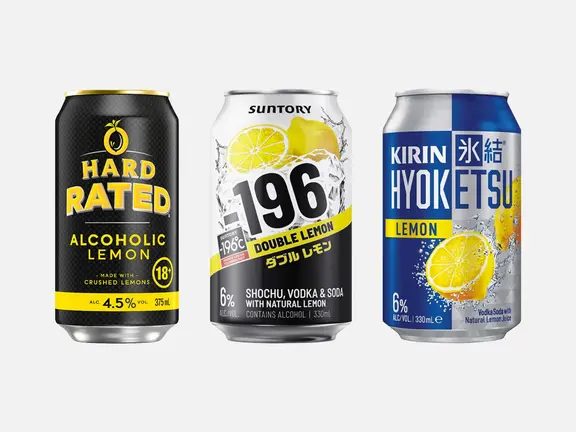 Three different alcoholic lemonade bottle cans