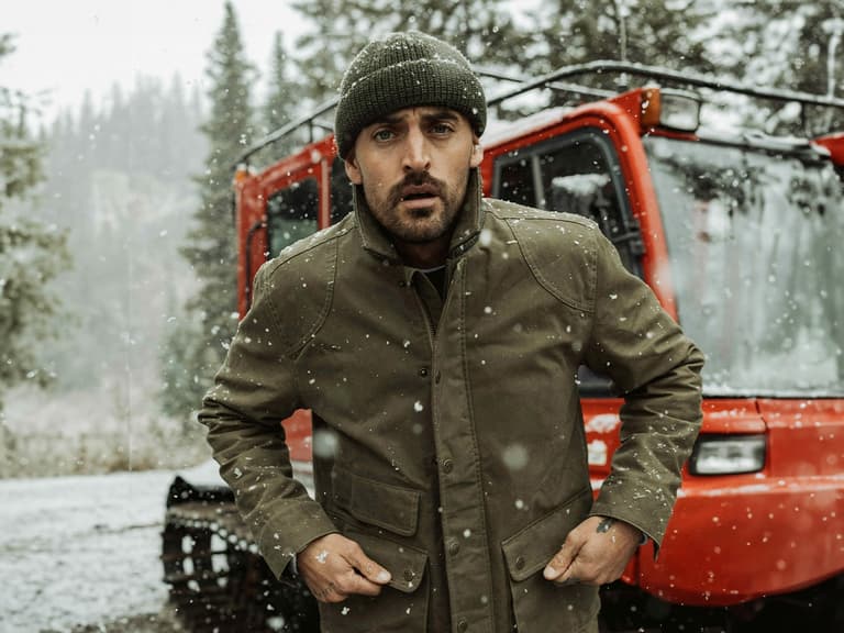 Flint and tinder flannel lined waxed hudson jacket on body