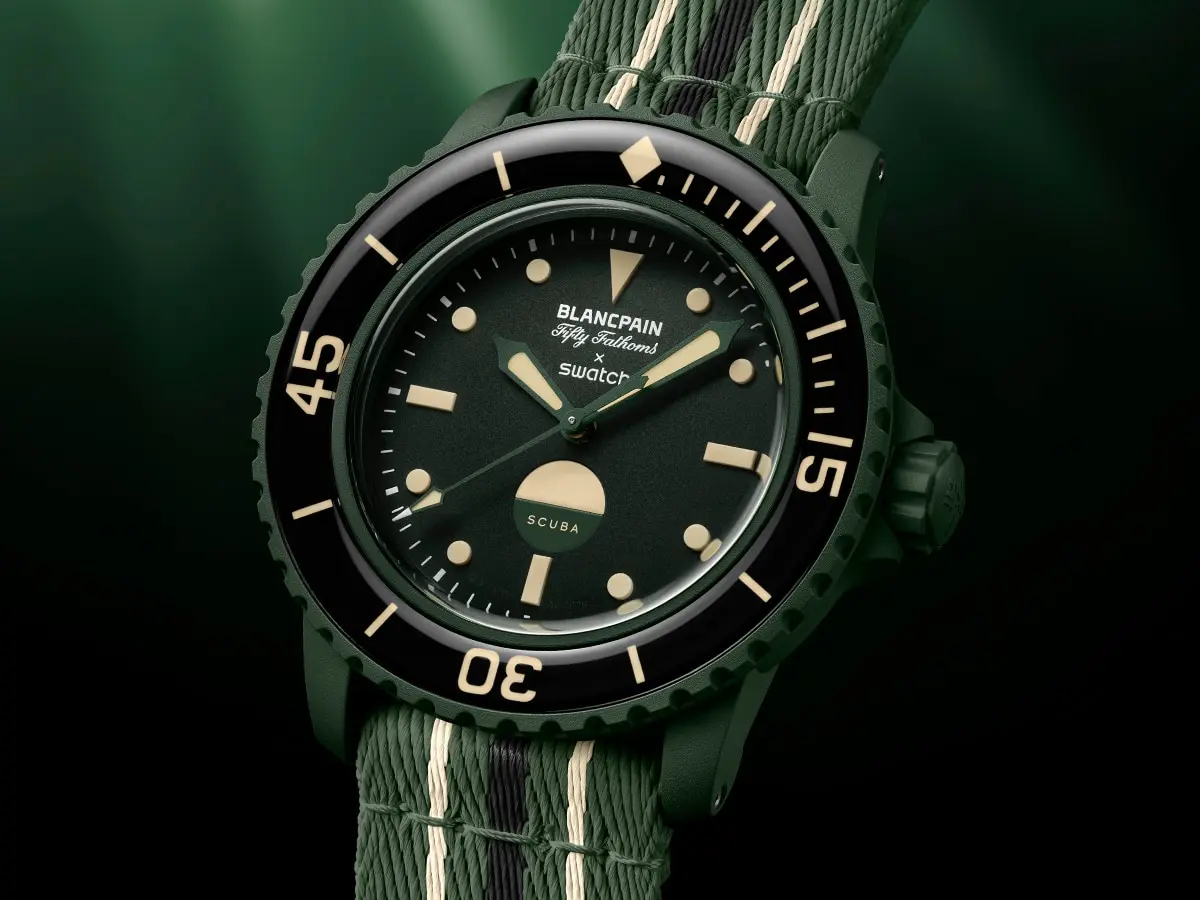 Blancpain x swatch bioceramic scuba fifty fathoms 'green abyss' feature 2