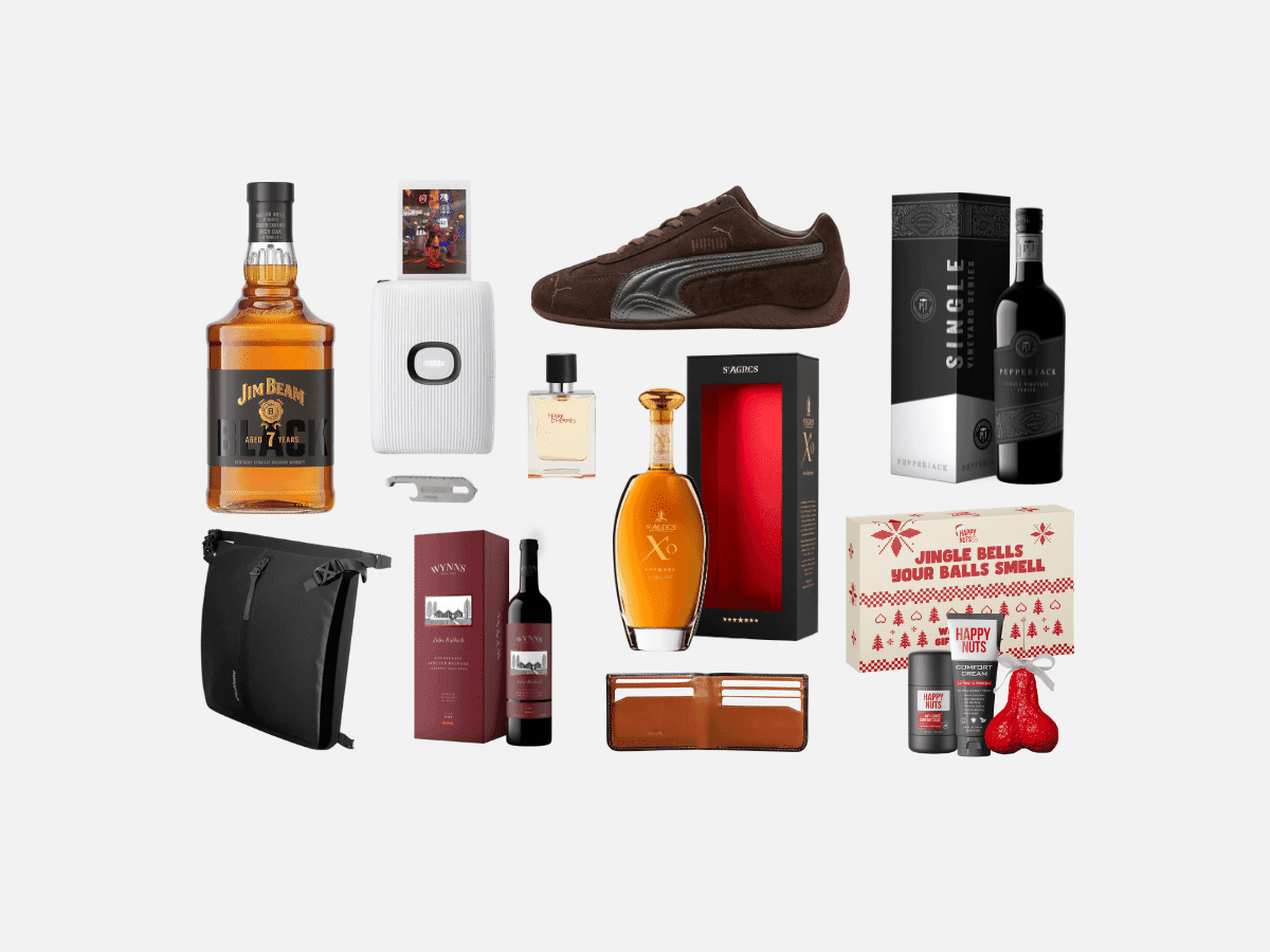 Gift selection including Jim Beam whiskey, Puma sneakers, and grooming products on white background.