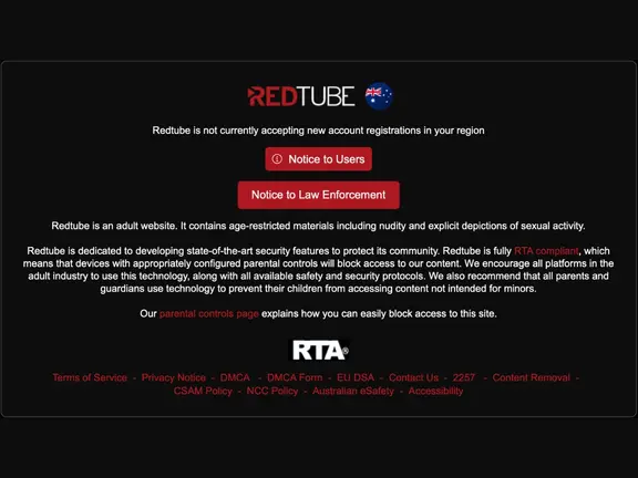 Screenshot of a regional access restriction message on an adult website for Australian users, citing compliance with the Online Safety Act 2026.