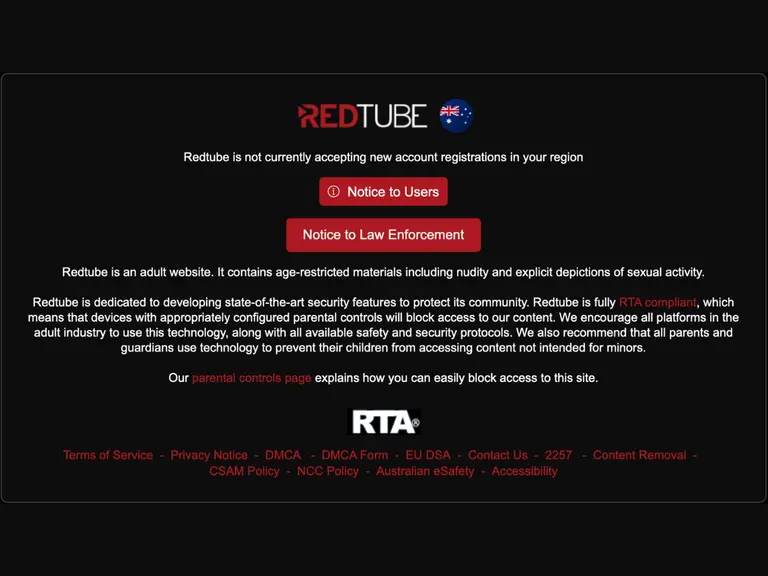 Screenshot of a regional access restriction message on an adult website for Australian users, citing compliance with the Online Safety Act 2026.