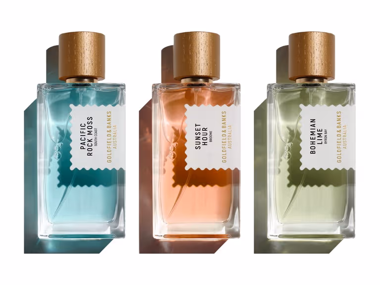 Goldfield & Banks Coast to Coast fragrances: Pacific Rock Moss, Sunset Hour and Bohemian Lime Eau de Parfum bottles