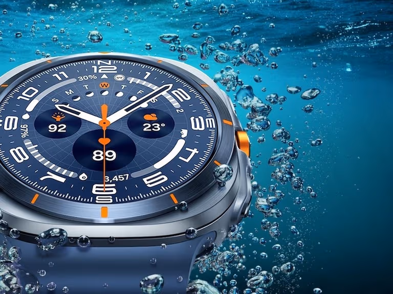 Samsung Galaxy Watch Ultra worn underwater showing the watch face