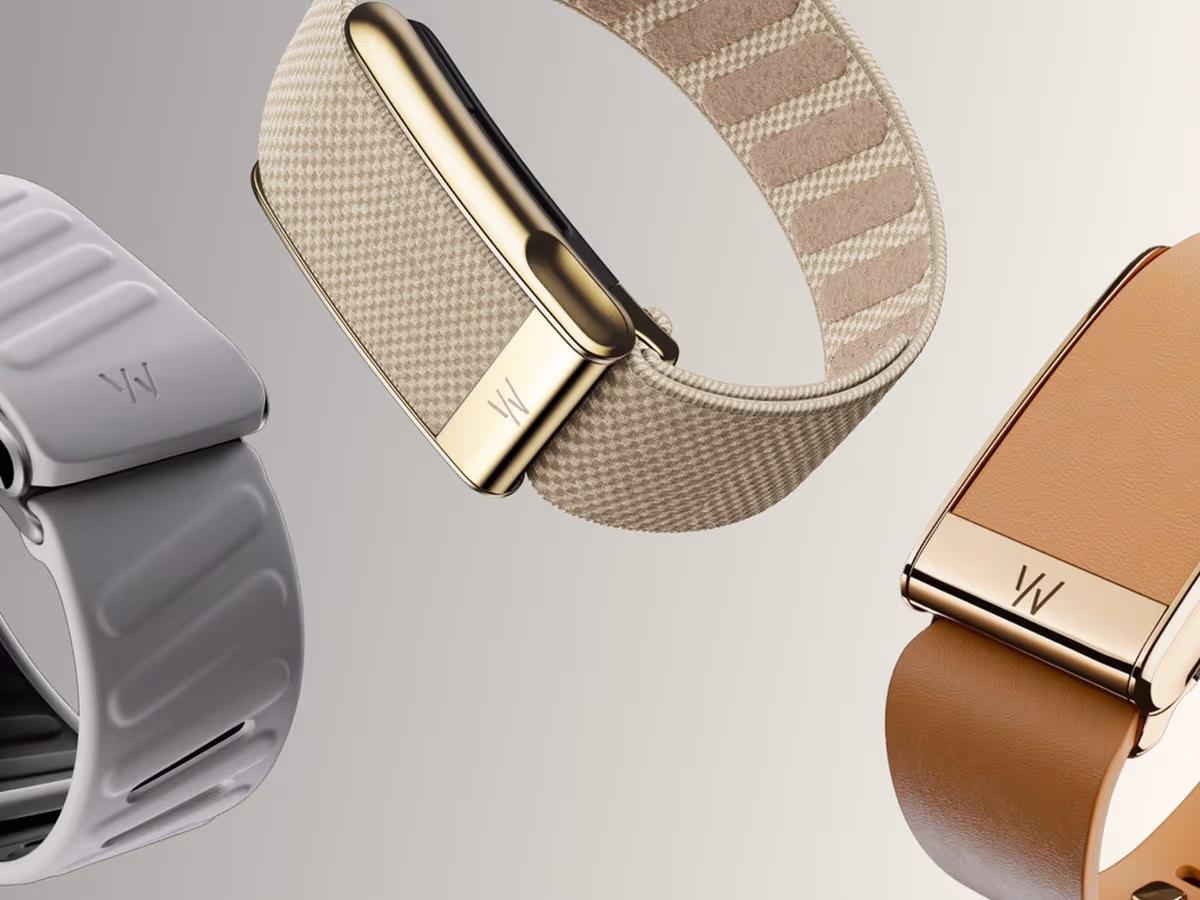 WHOOP MG wearable bands in grey, sand and tan colourways