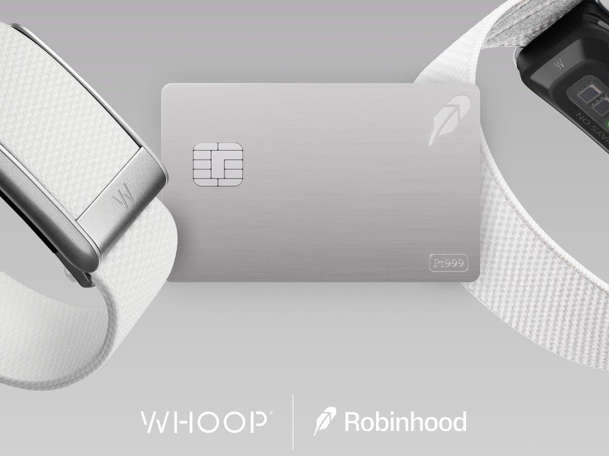 WHOOP 5.0 band alongside the Robinhood Platinum Card with the WHOOP and Robinhood logos
