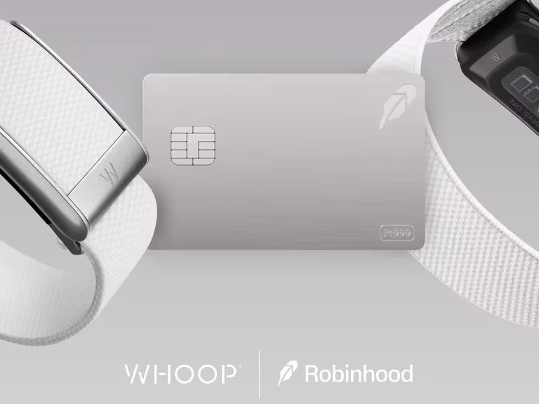 WHOOP 5.0 band alongside the Robinhood Platinum Card with the WHOOP and Robinhood logos