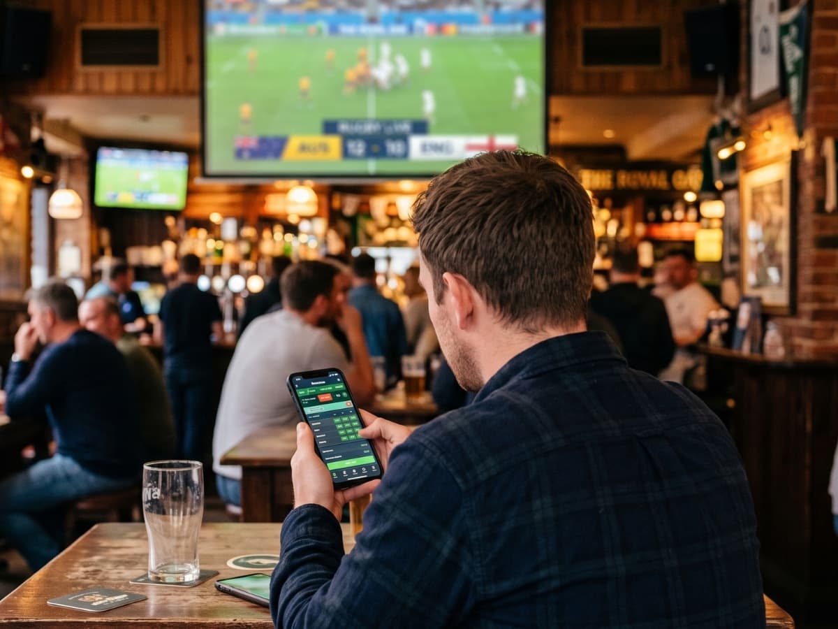 A man at the pub gambling on his phone while watching live sports