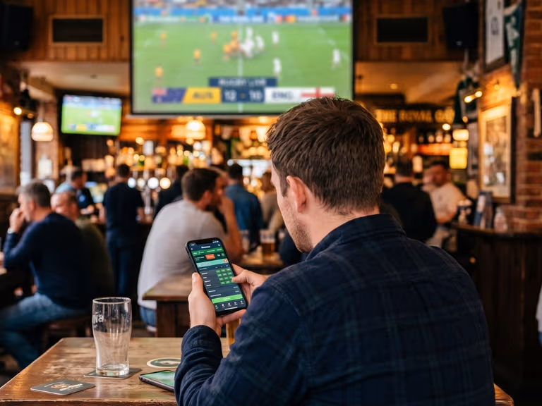 A man at the pub gambling on his phone while watching live sports
