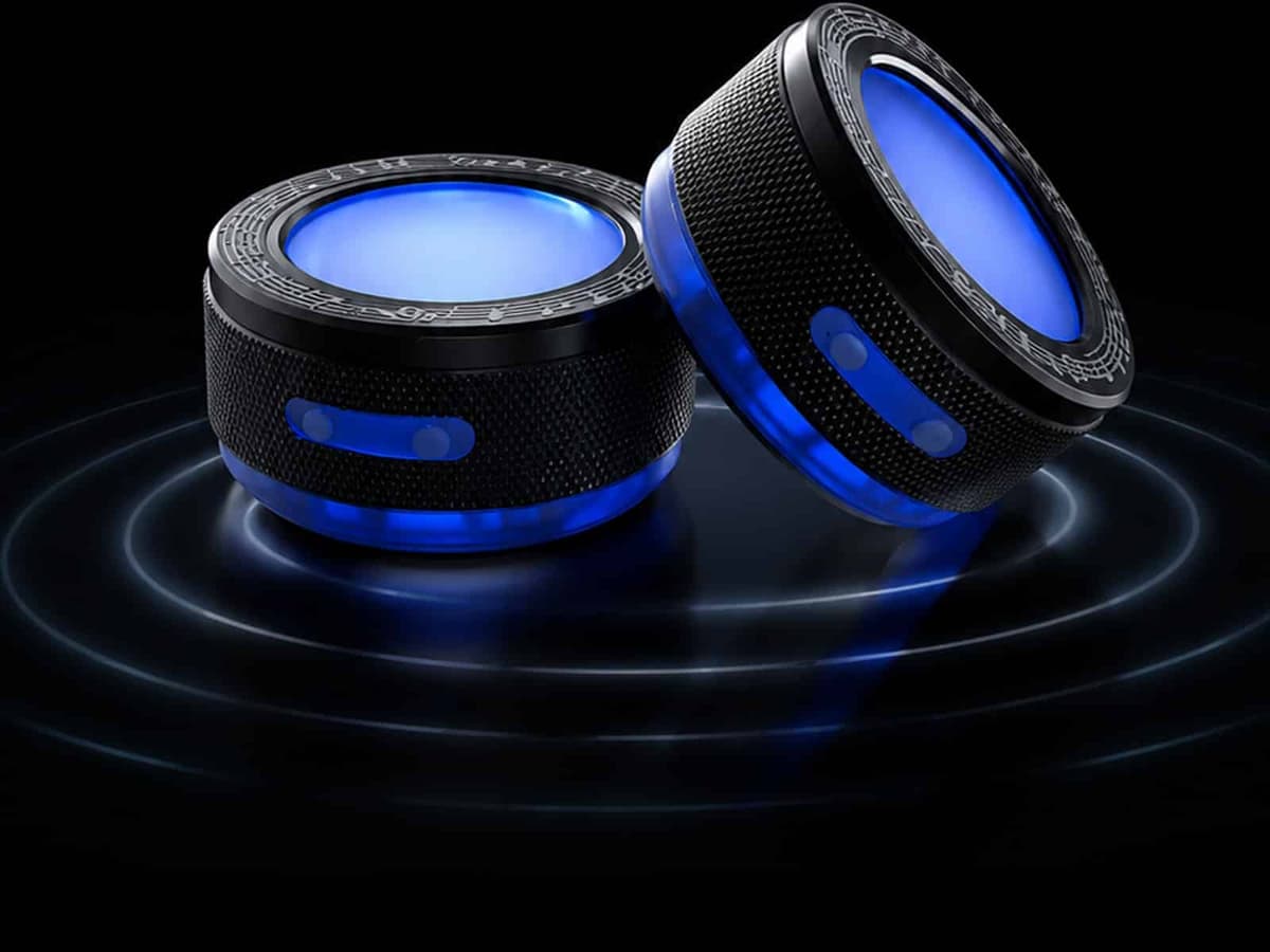 DuoSound Bluetooth speakers, a pair of compact round speakers with blue ambient lighting