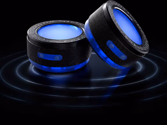 DuoSound Bluetooth speakers, a pair of compact round speakers with blue ambient lighting