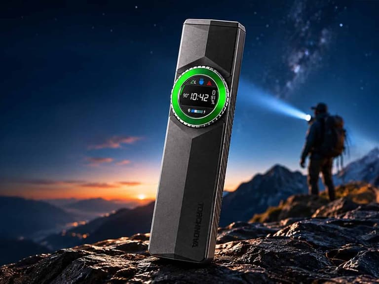 TorchNova tactical flashlight standing upright on a rocky summit at dusk with its circular display lit, and a hiker shining a torch beam on the ridge behind