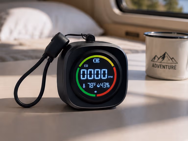 LITY Smart CO Detector on a caravan bedside shelf with a mountain view through the window