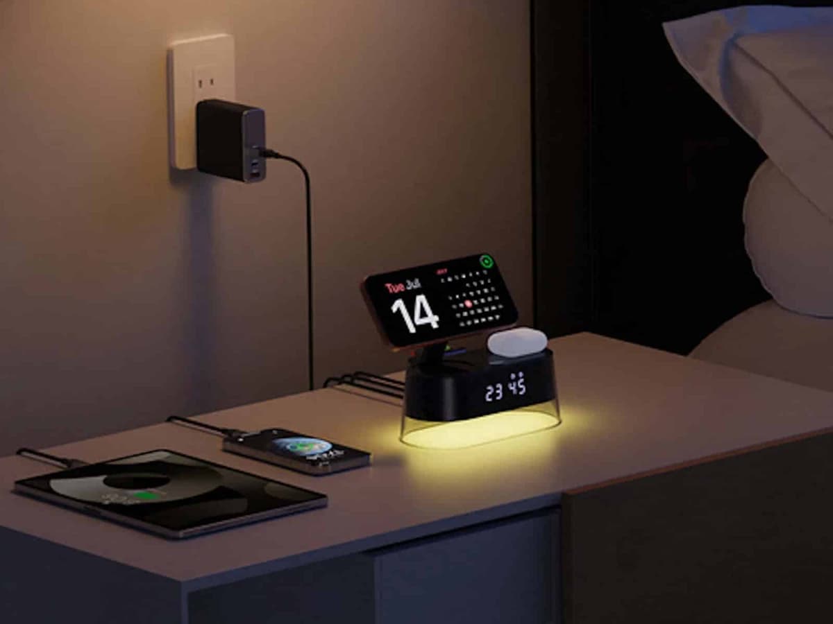 The ChargeUltra G4 charging hub on a bedside table at night