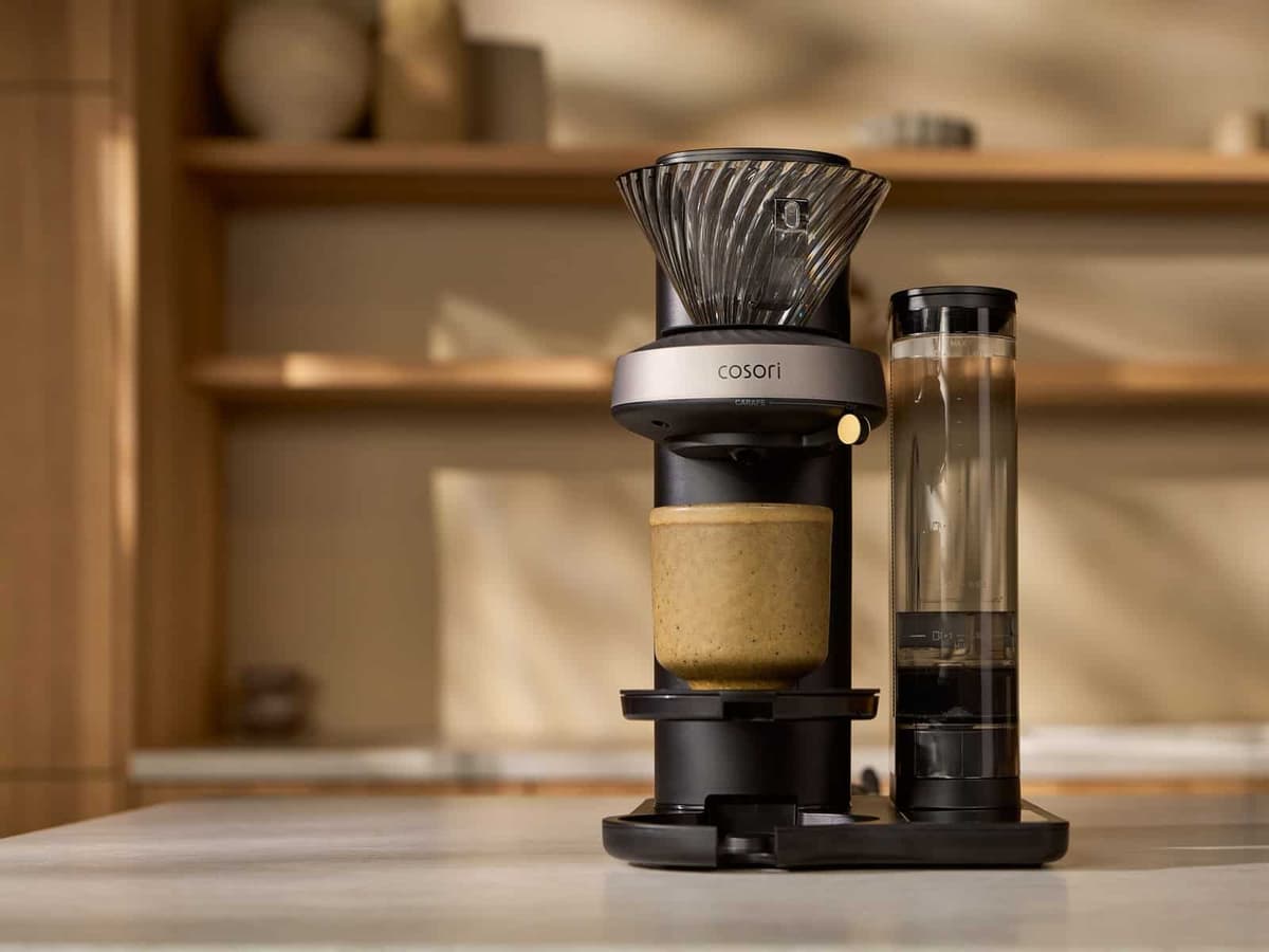 The Cosori JUNI automatic pour-over coffee machine on a kitchen counter